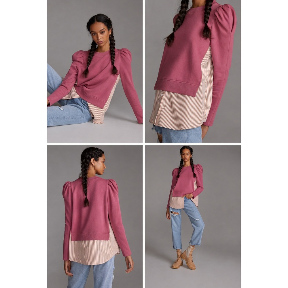 Maeve Anthropologie Mixed Media Puff Sleeve Striped Layered Sweatshirt XL Mauve